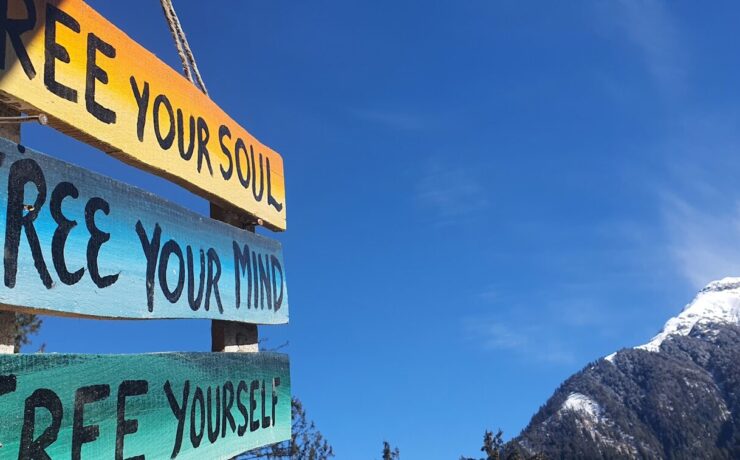 a close up of a street sign with mountains in the background